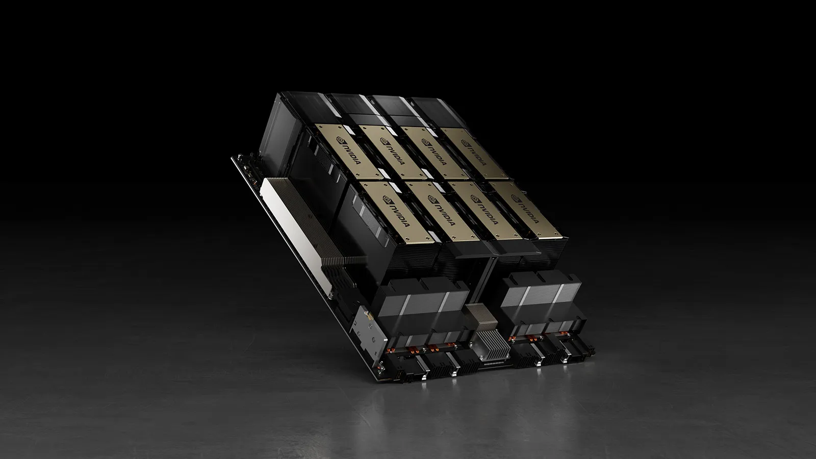 An NVIDIA HGX H100 board, eight gold-topped GPUs on a black baseboard, on a dark reflective surface