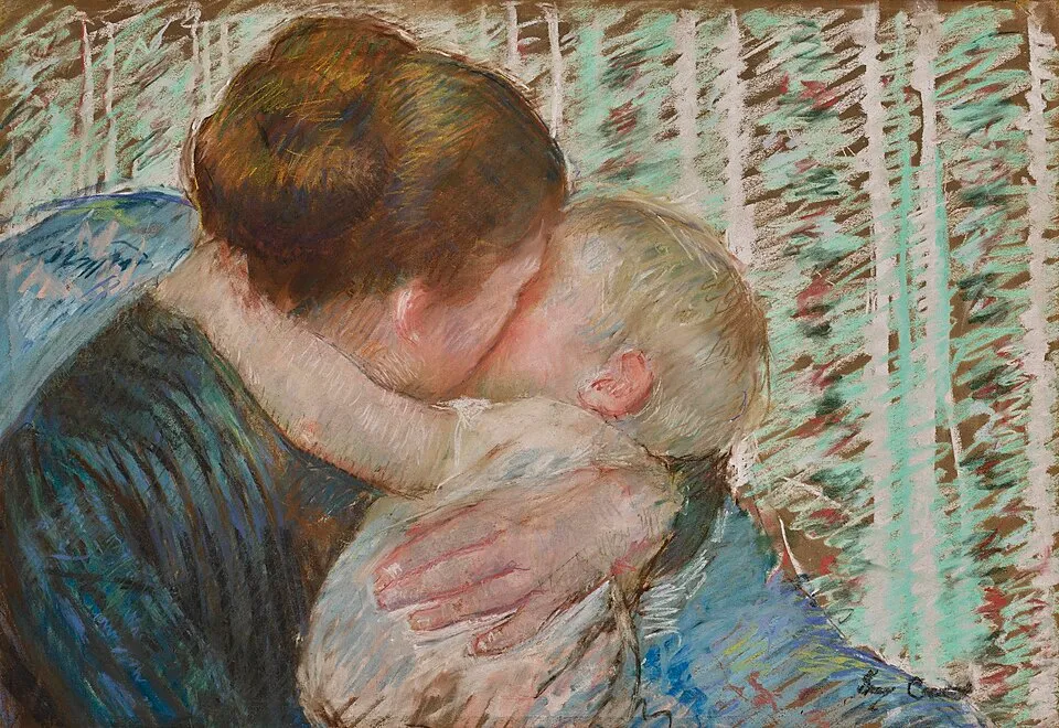 Mary Cassatt pastel of a mother embracing her child in a goodnight hug