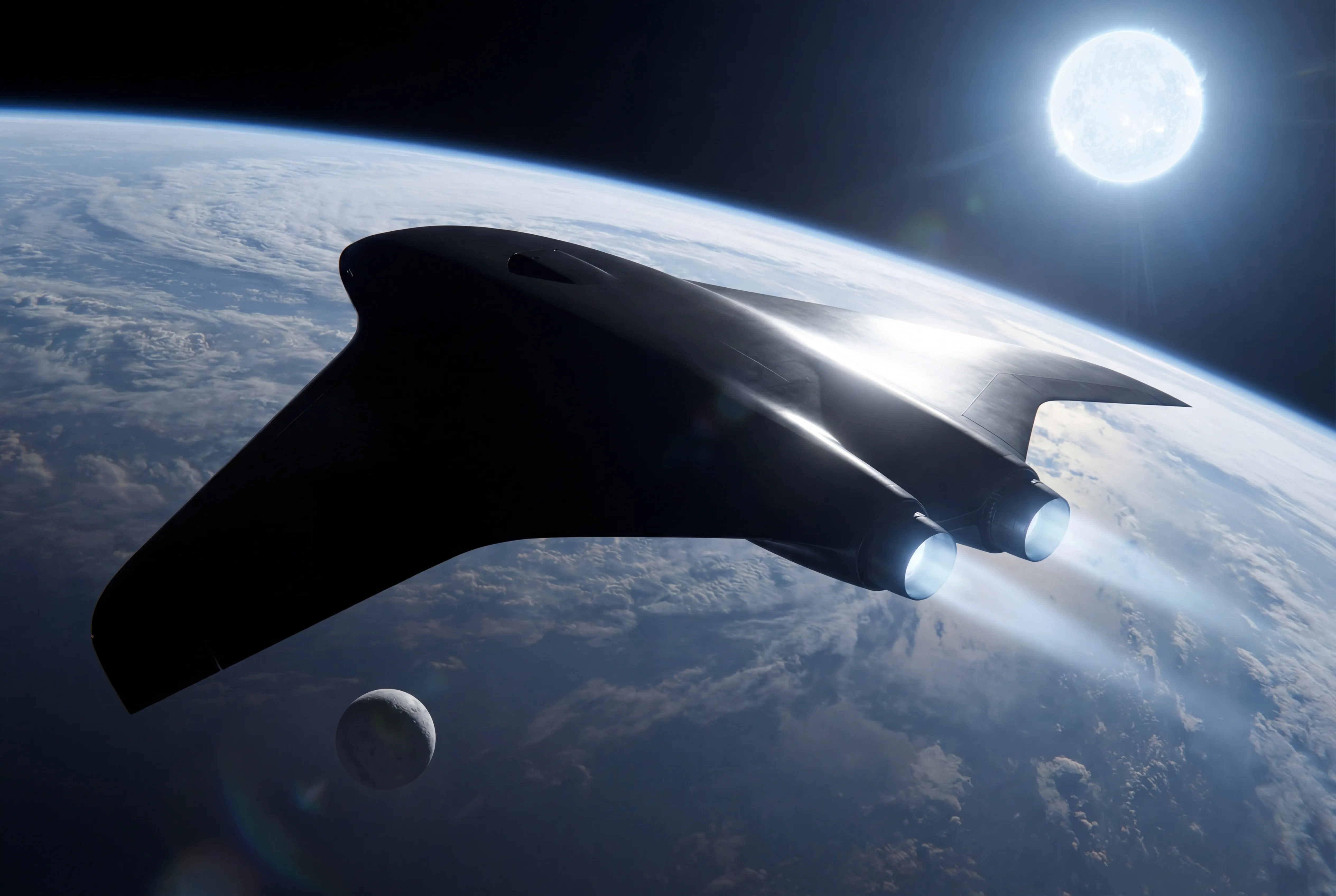 The Free Starship in low orbit over an Earth-like planet at Alpha Centauri, Alpha Centauri A blazing white in the upper right and a moon visible below