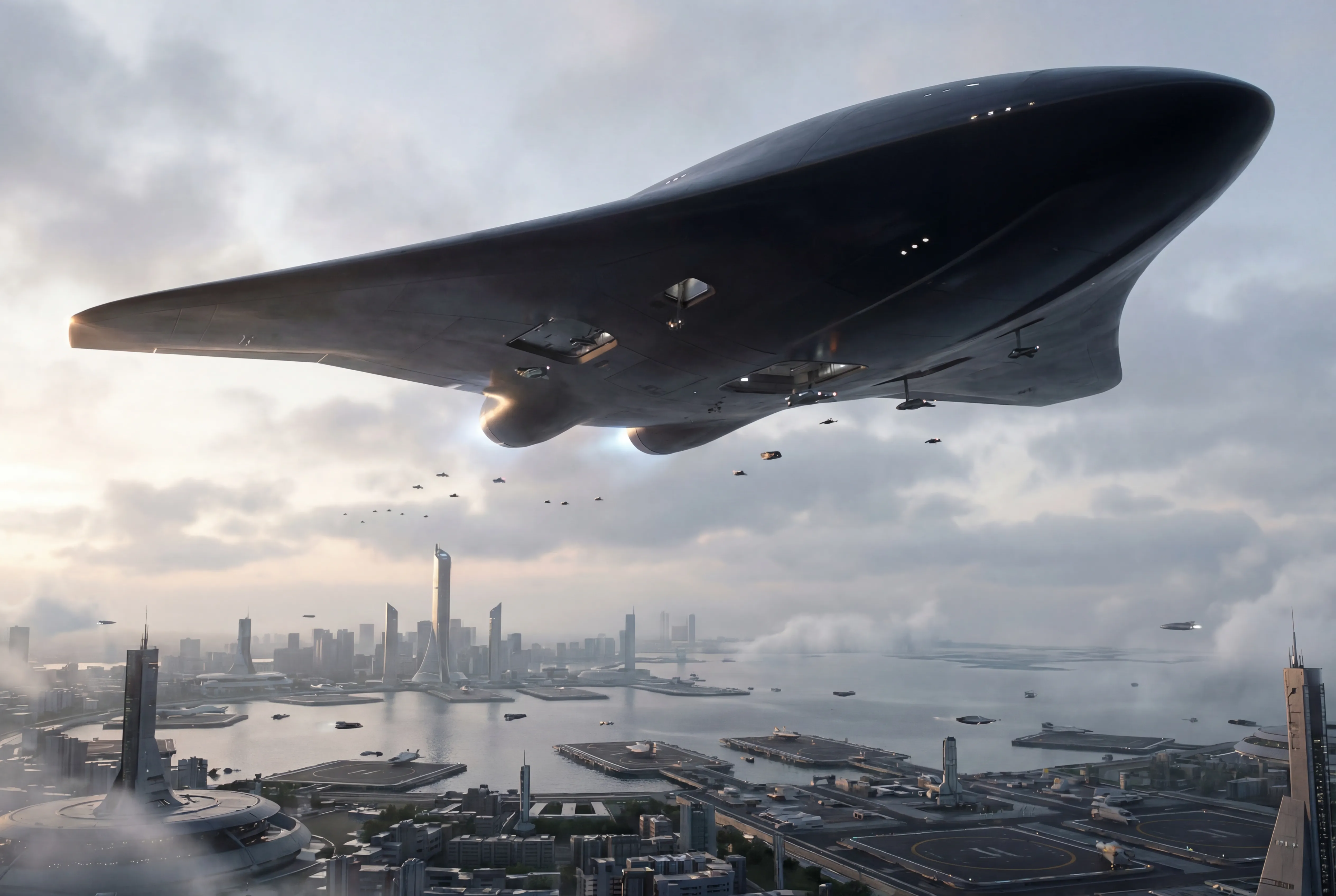 The Free Starship hovering above a coastal city port, surrounded by dozens of smaller support craft loading final provisions before departure