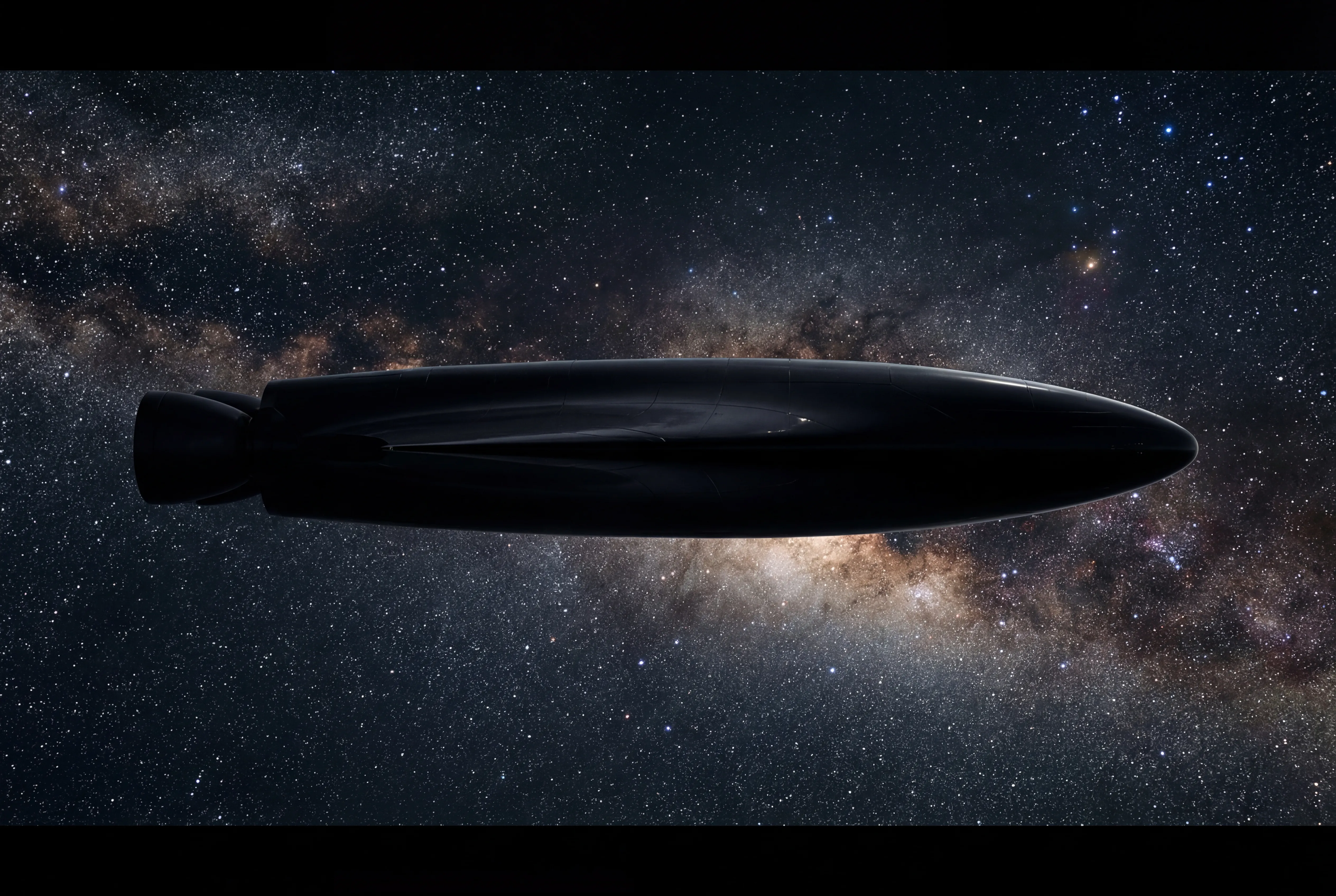 The Free Starship — a long dark spindle — silhouetted against the full arc of the Milky Way, stars and nebulae filling every corner of the frame