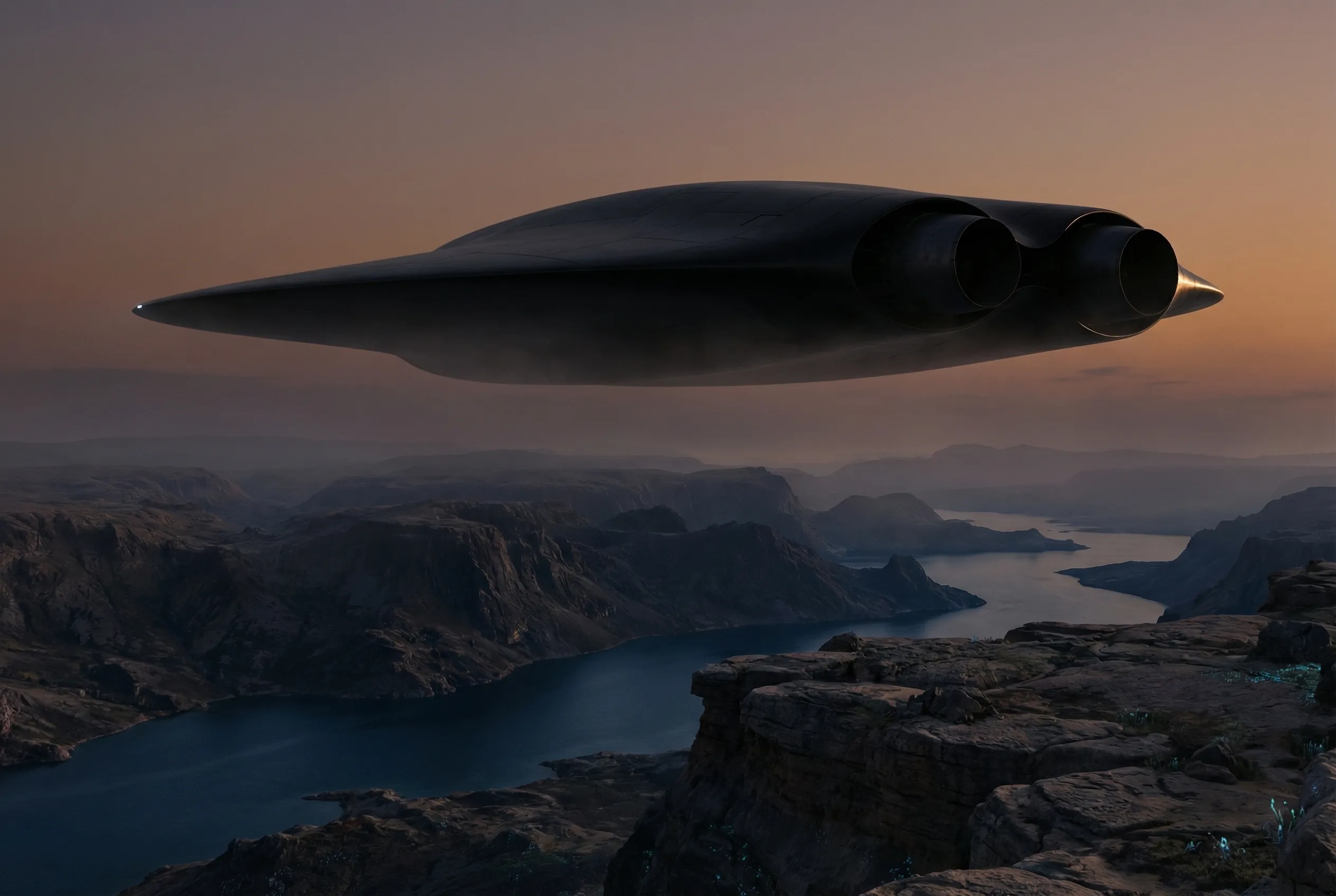 The Free Starship hovering low over an alien canyon landscape at dusk — rivers and cliffs stretching to the horizon, bioluminescent vegetation glowing in the foreground
