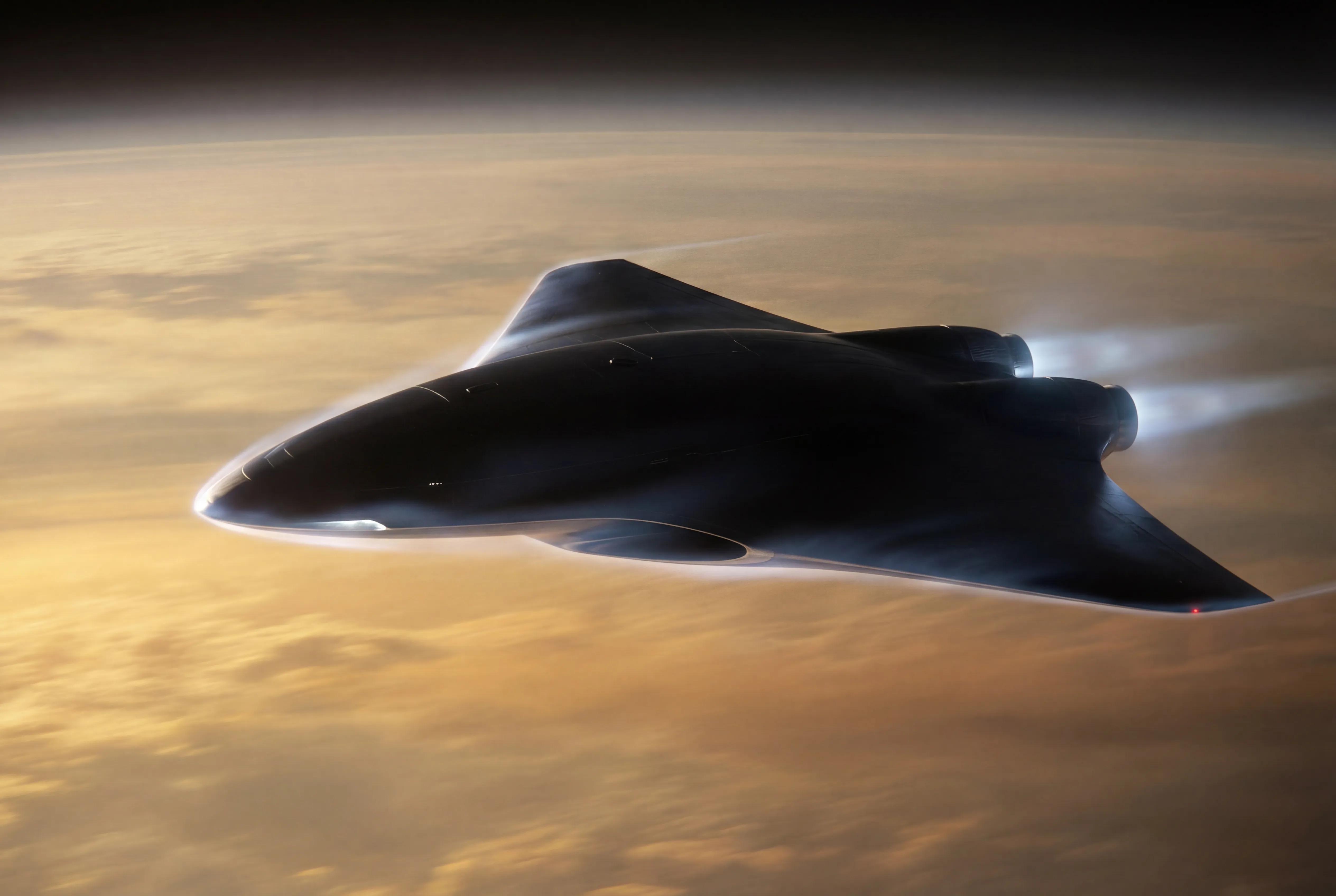 The Free Starship skimming through the golden upper atmosphere of a gas giant, engines burning bright against the deep amber clouds below and black space above