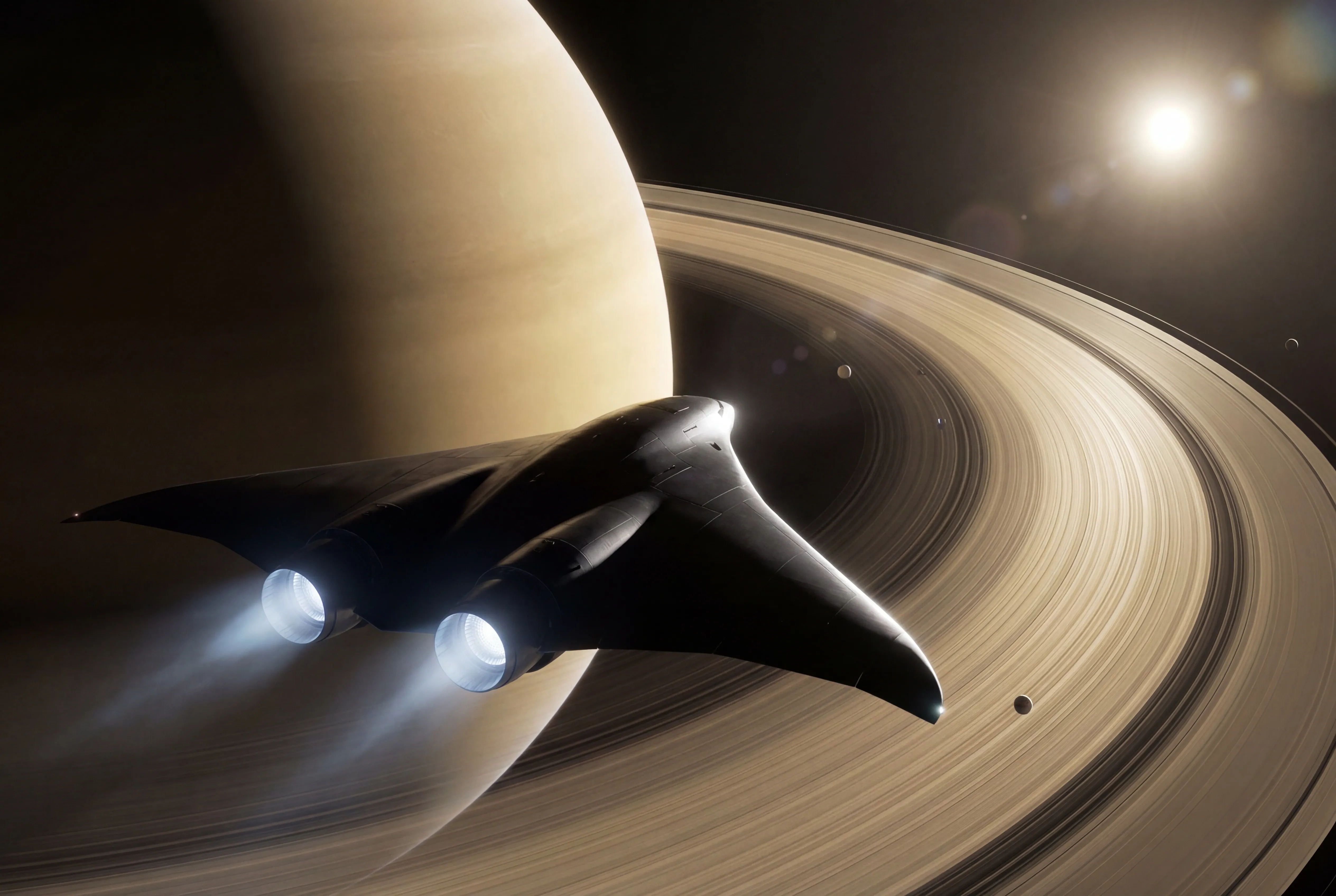 The Free Starship — a black manta-ray lifting body — approaches Saturn, its rings sweeping across the frame and the sun visible in the distance