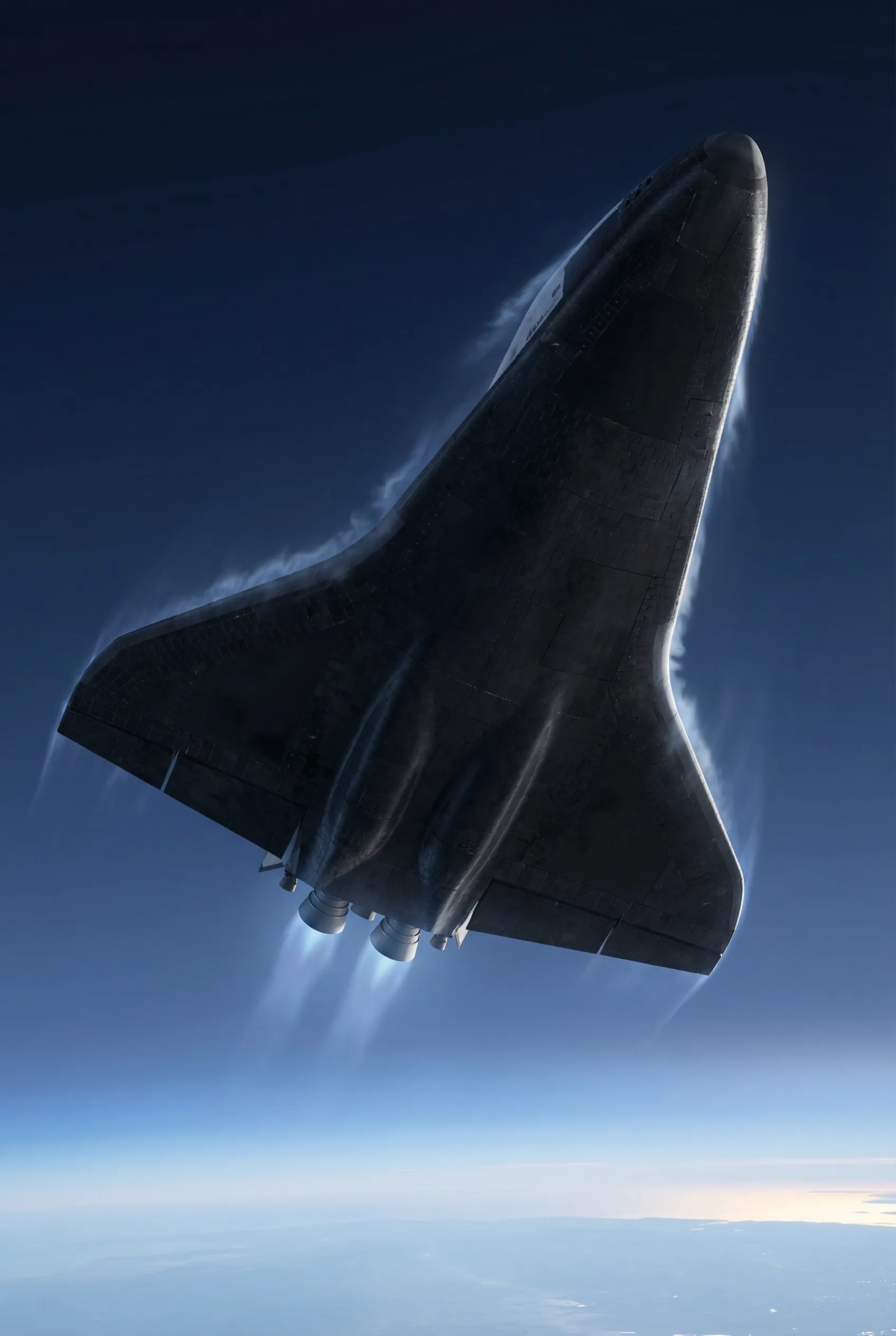 Halcyon orbital vehicle banking through the upper atmosphere, angled view showing the lifting body geometry against a darkening sky