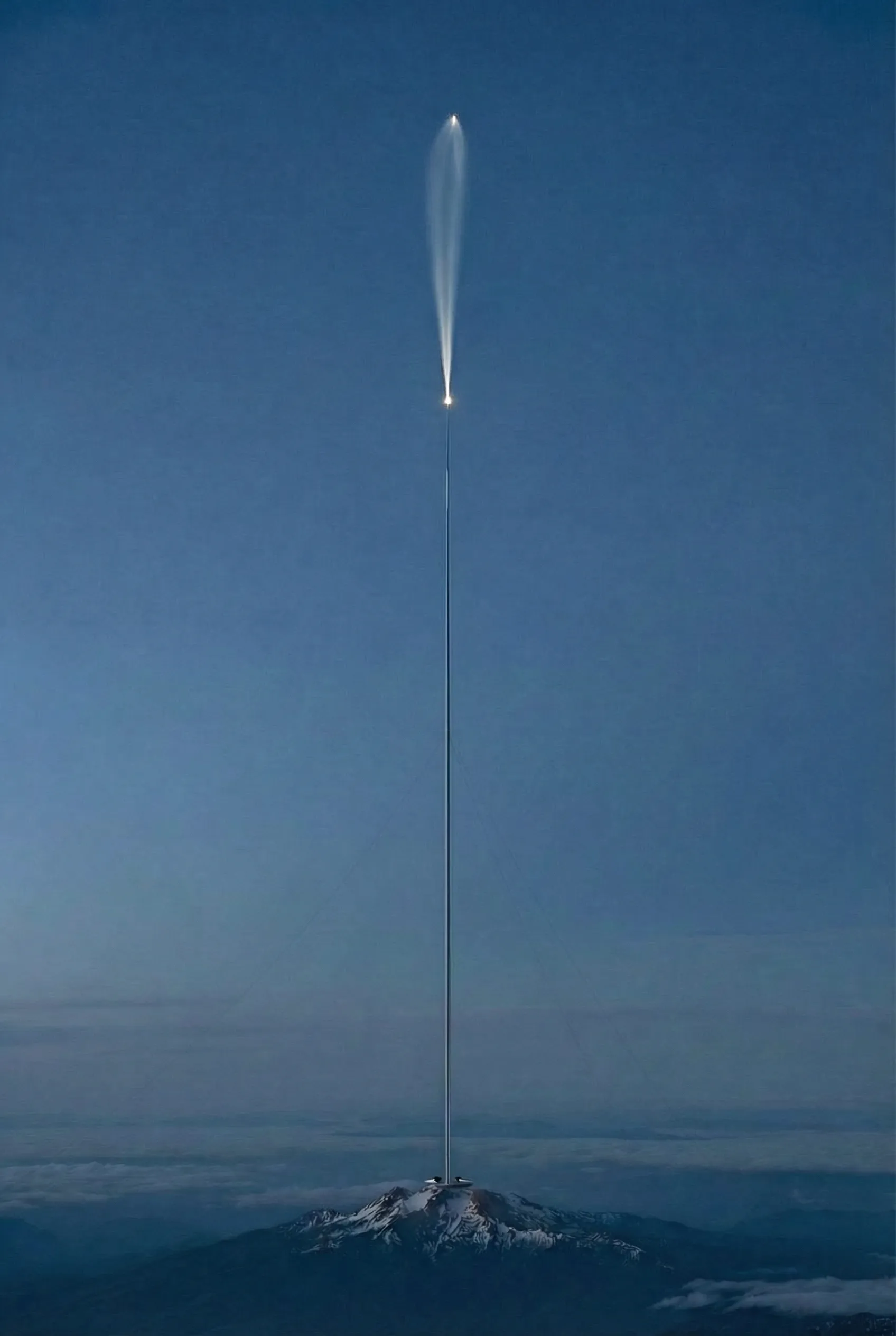 Meridian electromagnetic launch system, vertical needle rising from a mountain summit into the stratosphere at night
